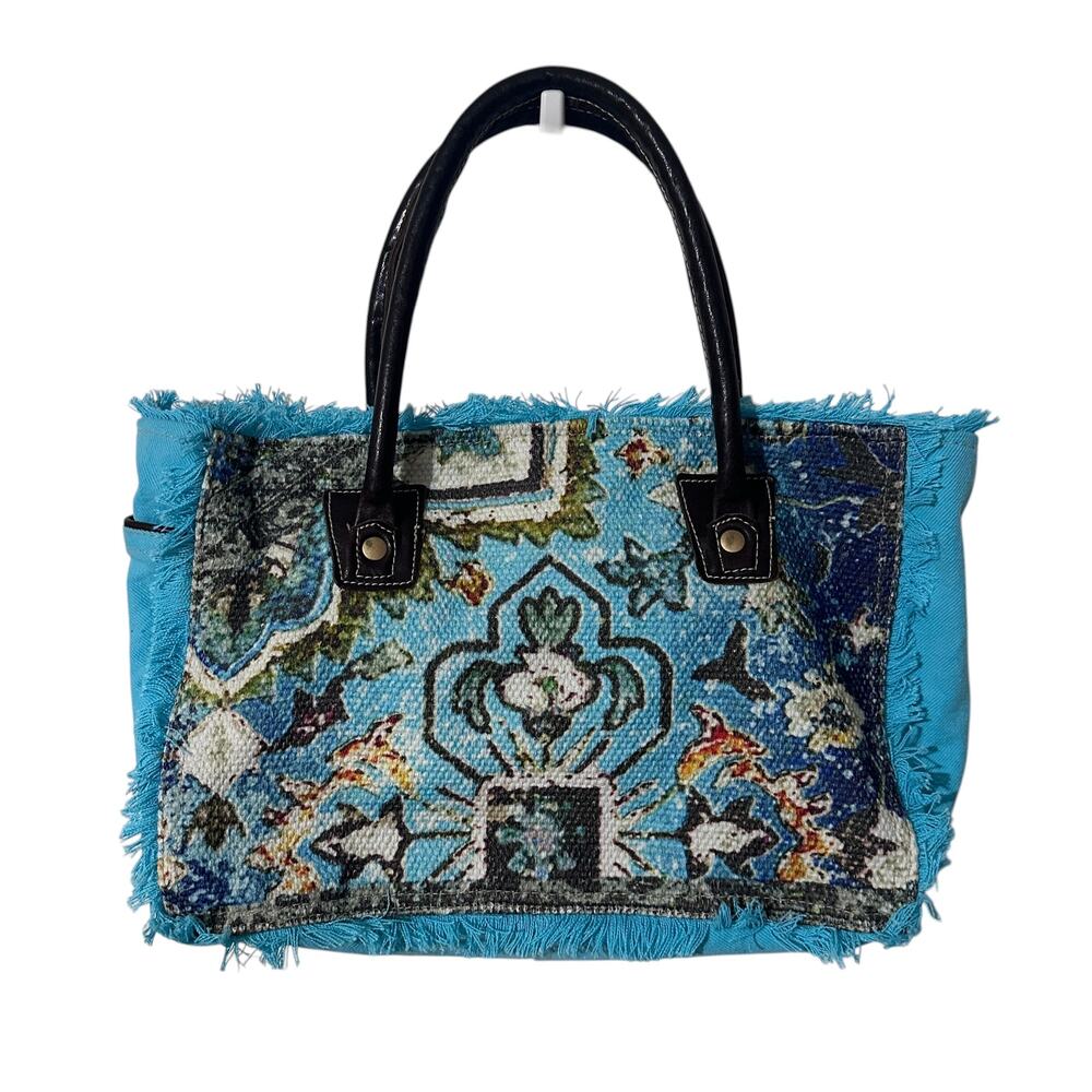 Myra Bag Ocean Live Small Tote Bag Womens Turquoise Canvas Leather Rug Boho - Picture 2 of 12